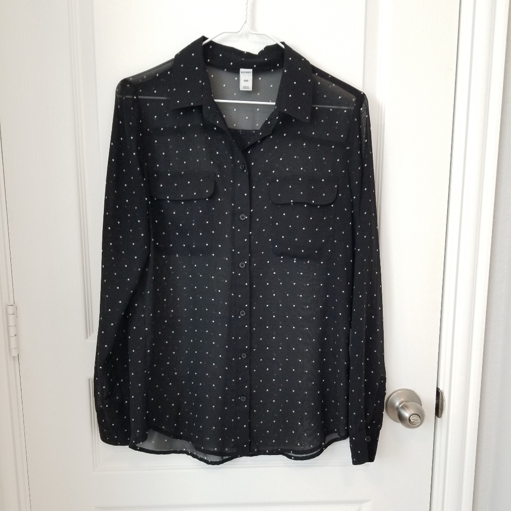 Old Navy Black & White Polka Dot Sheer Button Down Blouse * S Small